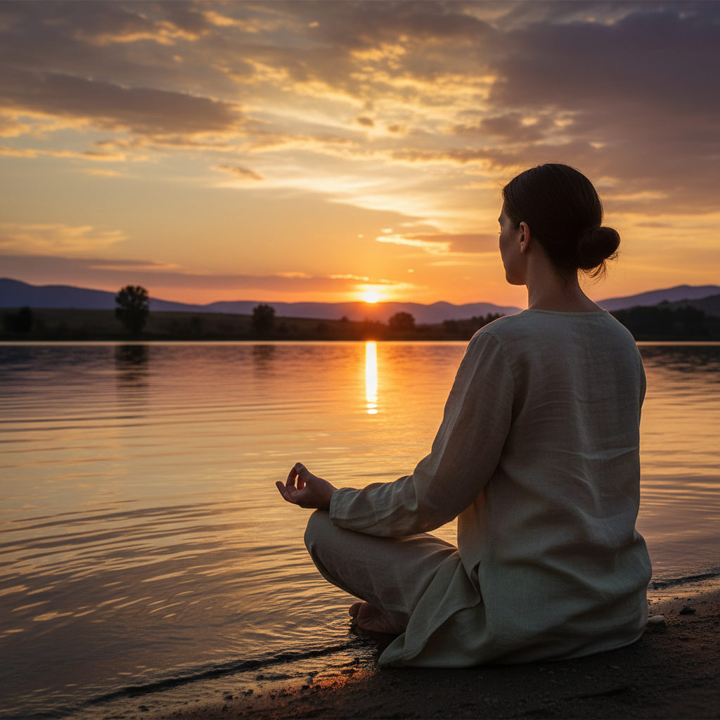 Person meditiert ruhig am Seeufer bei Sonnenuntergang, symbolisiert innere Ruhe und Achtsamkeit.