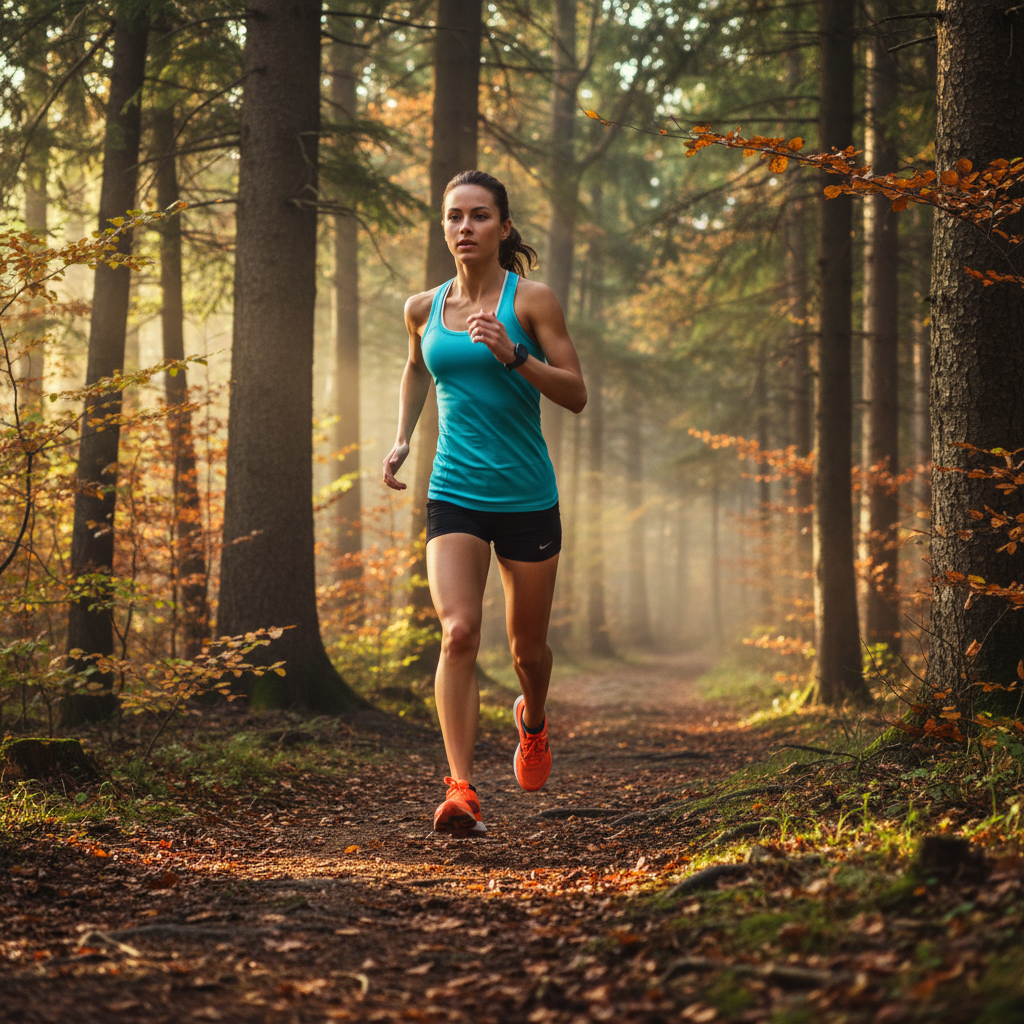 Sportliche Figur läuft im Wald, symbolisiert Ausdauer und körperliche Aktivität.