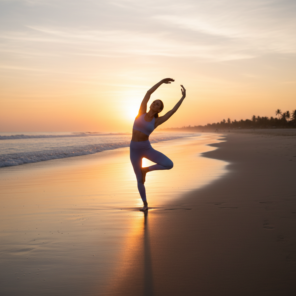 Person streckt sich am Strand bei Sonnenaufgang, symbolisiert Flexibilität und Wohlbefinden.