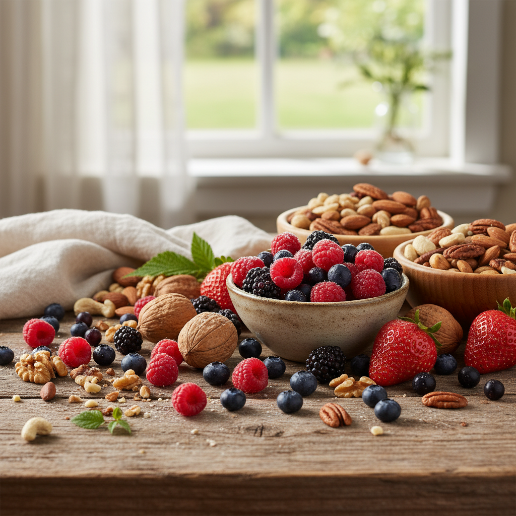 Frische Beeren und Nüsse auf rustikalem Holztisch, reich an Antioxidantien.