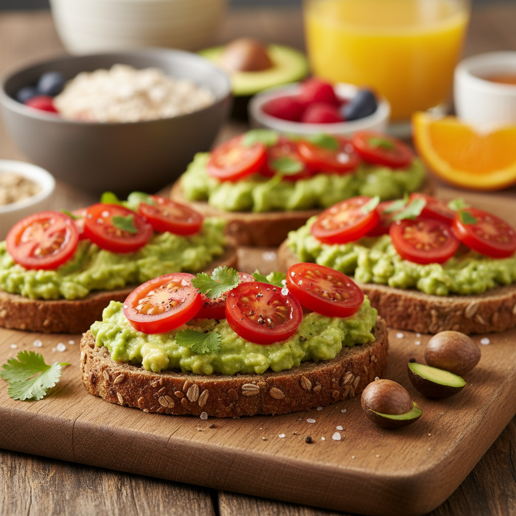 Vollkornbrot mit Avocado und Tomaten, eine Quelle komplexer Kohlenhydrate.